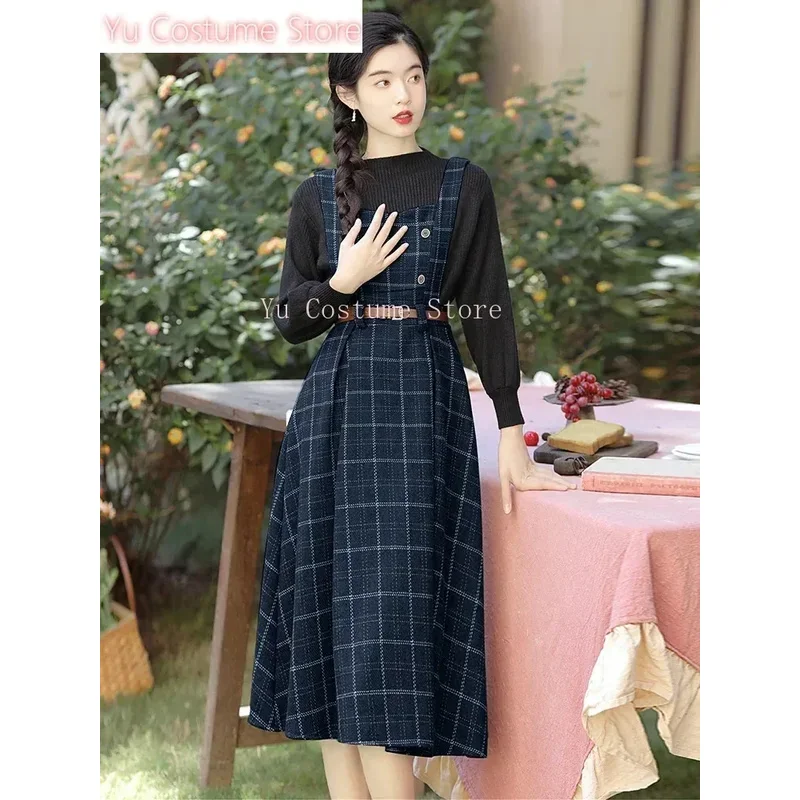 

Осенне-зимнее клетчатое платье, женские шерстяные длинные платья на тонких бретельках с поясом, винтажные вечерние элегантные платья 2025 4;v'5,f;6.j;8'