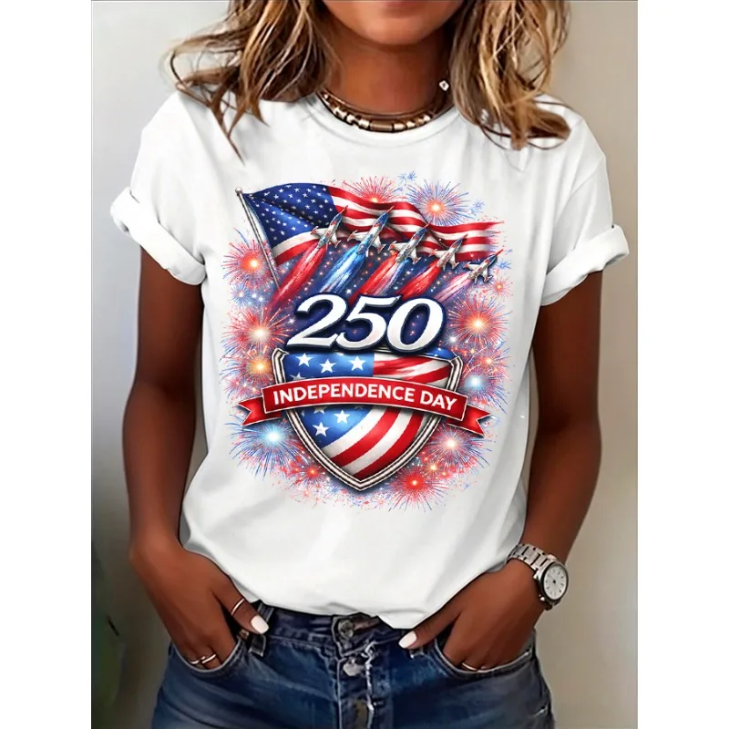 Ilstile New 250 independence Day United States Flag Women's Print T-Shirts Summer O Neck Tops Short Sleeve Casual Tees