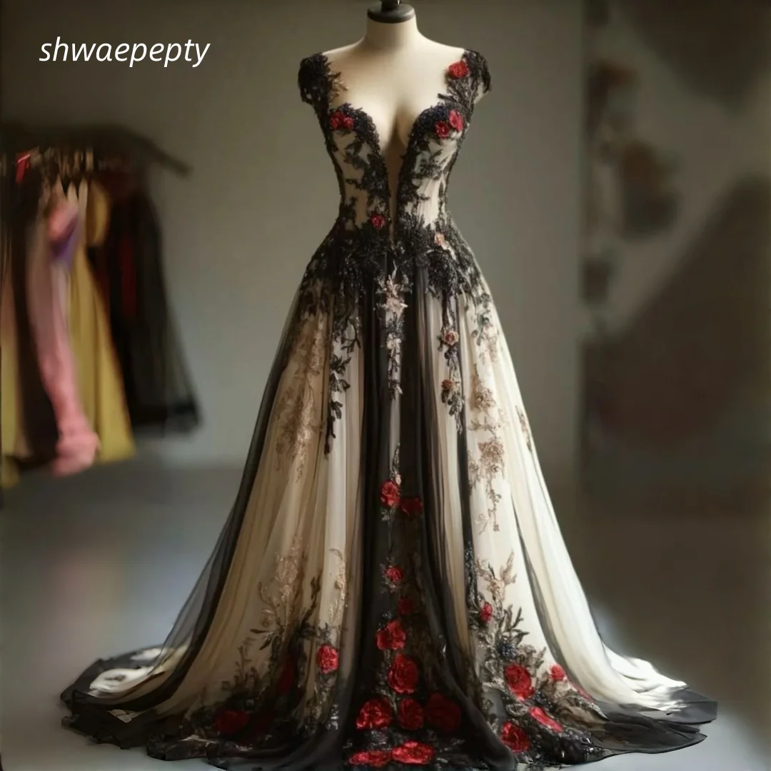 Champagne And Black Gothic Wedding Dress With 3 Floral Appliques Lace Cape Sleeves A-Line Tulle Vintage Bridal Gown Customized