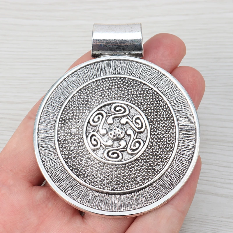 2 x antyczne srebro Boho czeski duży okrągły medalion Charms zawieszki dla naszyjnik biżuteria dokonywanie ustalenia 76x62mm