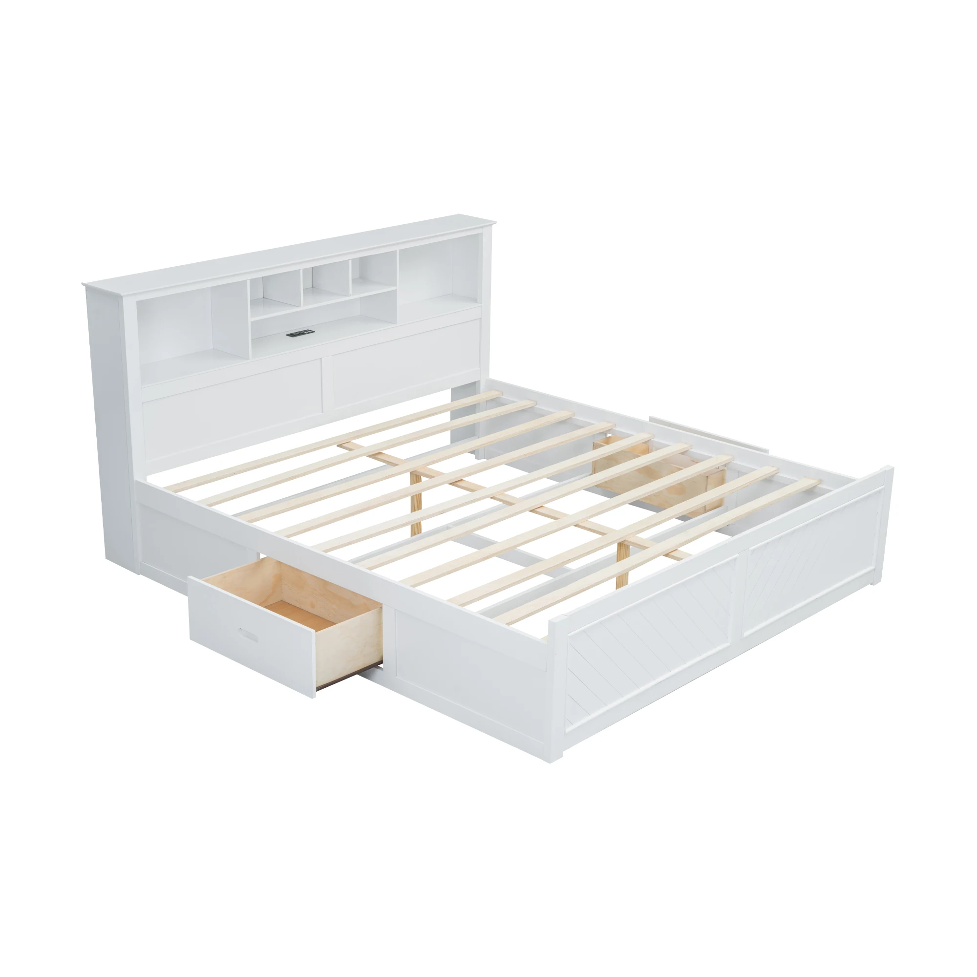 

Modern White King-Size Solid Wood Platform Bed with Multi-Storage Headboard and Drawers Soft Style with USB Access