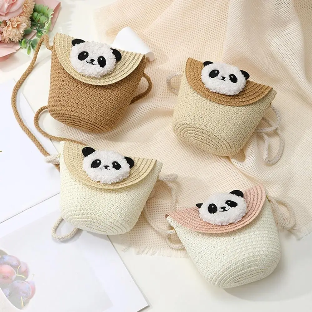 Summer Straw Children Crossbody Bag Handmade Small Shoulder Bag Cute Panda Coin Purse Beach