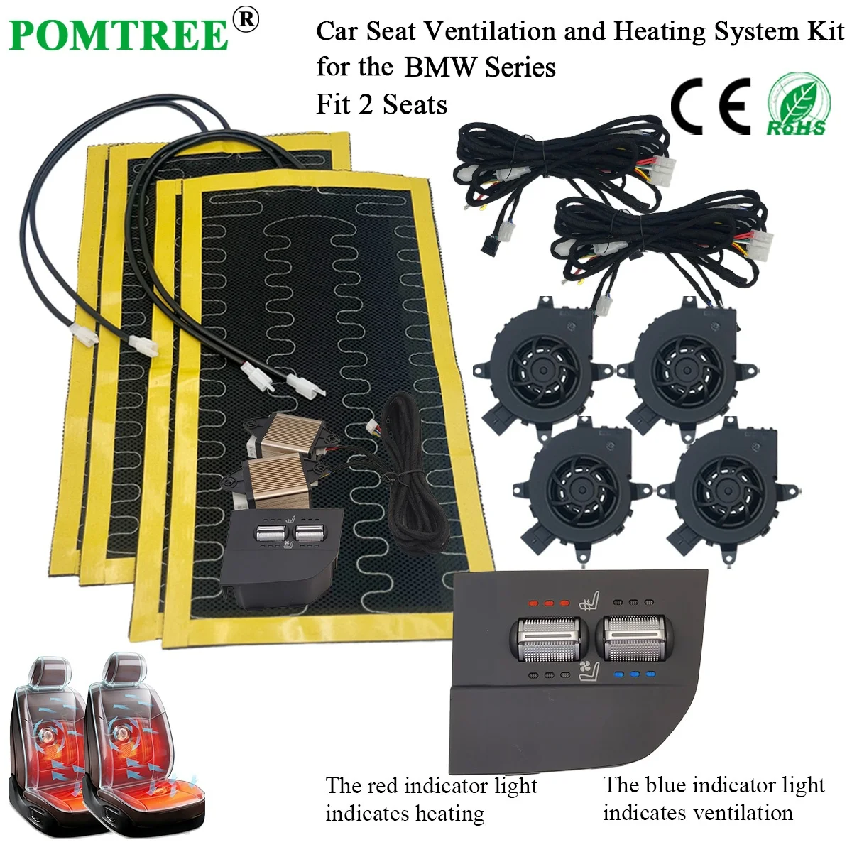 Built-in Car Seat Ventilation And Heating System Kit Fit 2 Seats,With Fans & Dedicated Switch Suitable For BMW Series Rear Gear