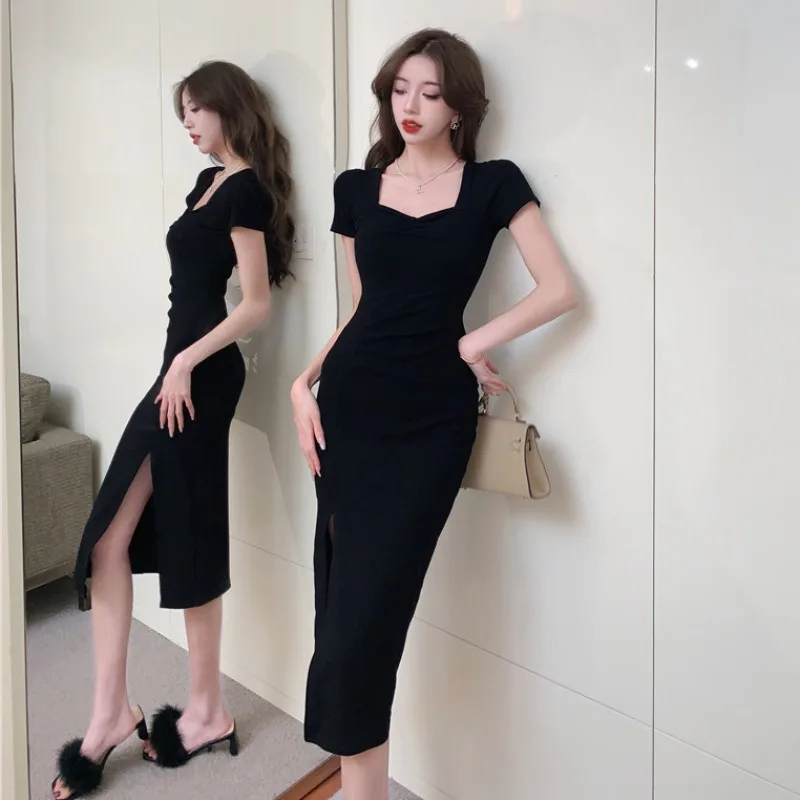 Gege Socialite Elegant Sexy Square Collar Low Cut Short sleeve Midi dress Waist Hugging Split Pleat Thread Dress