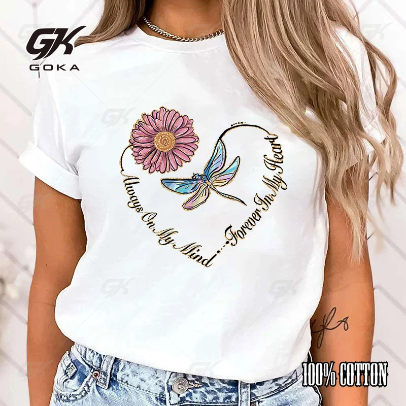 (Premium T-shirt)Dragonfly Always On My Mind Forever In My Heart Print T-Shrits For Women Summer Short Sleeve Round Neck tops