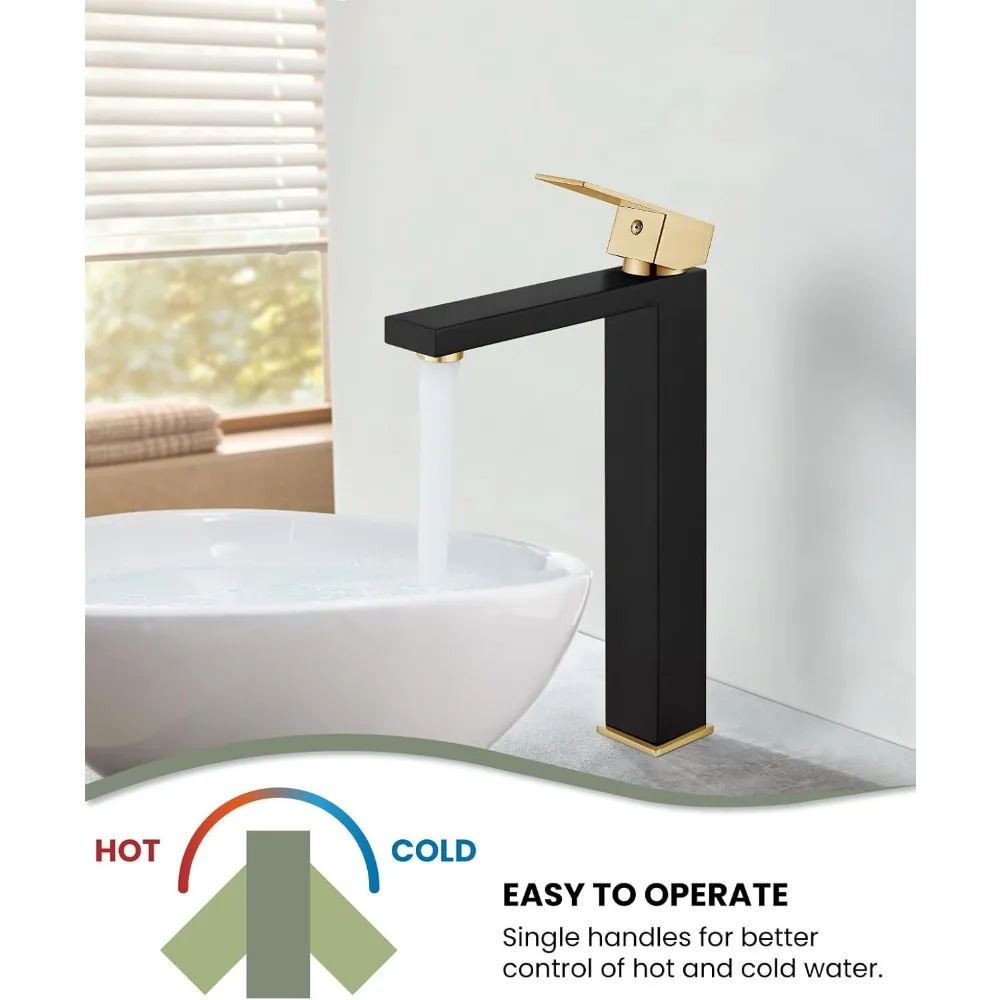 صنبور سفينة بفتحة واحدة باللون الأسود غير اللامع والذهبي المصقول، خلاط زينة بمقبض واحد مع خراطيم إمداد وتصريف منبثق غير يتدفق