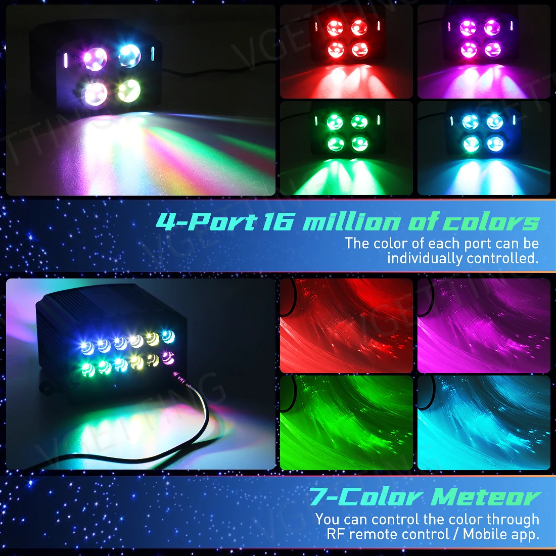 LED Fiber Optic Light Starry Sky Lamp APP Music Remote Control，4 Port Twinkle Car Roof Shooting Star Light RGBW Meteor Ceiling