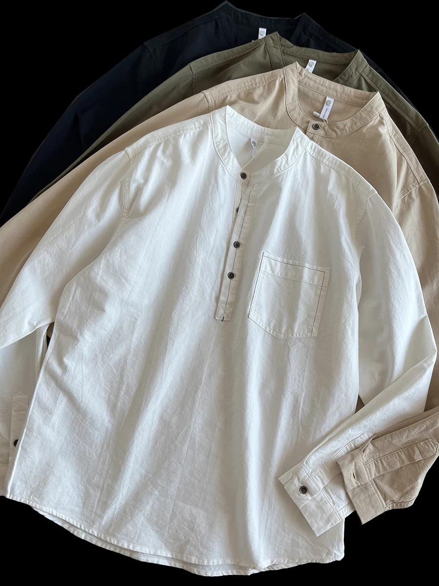 

Мужская футболка из чистого хлопка, осенняя новинка, свободного кроя, с длинным рукавом, круглым воротником, в ретро-китайском стиле, тонкая, модная молодежная одежда