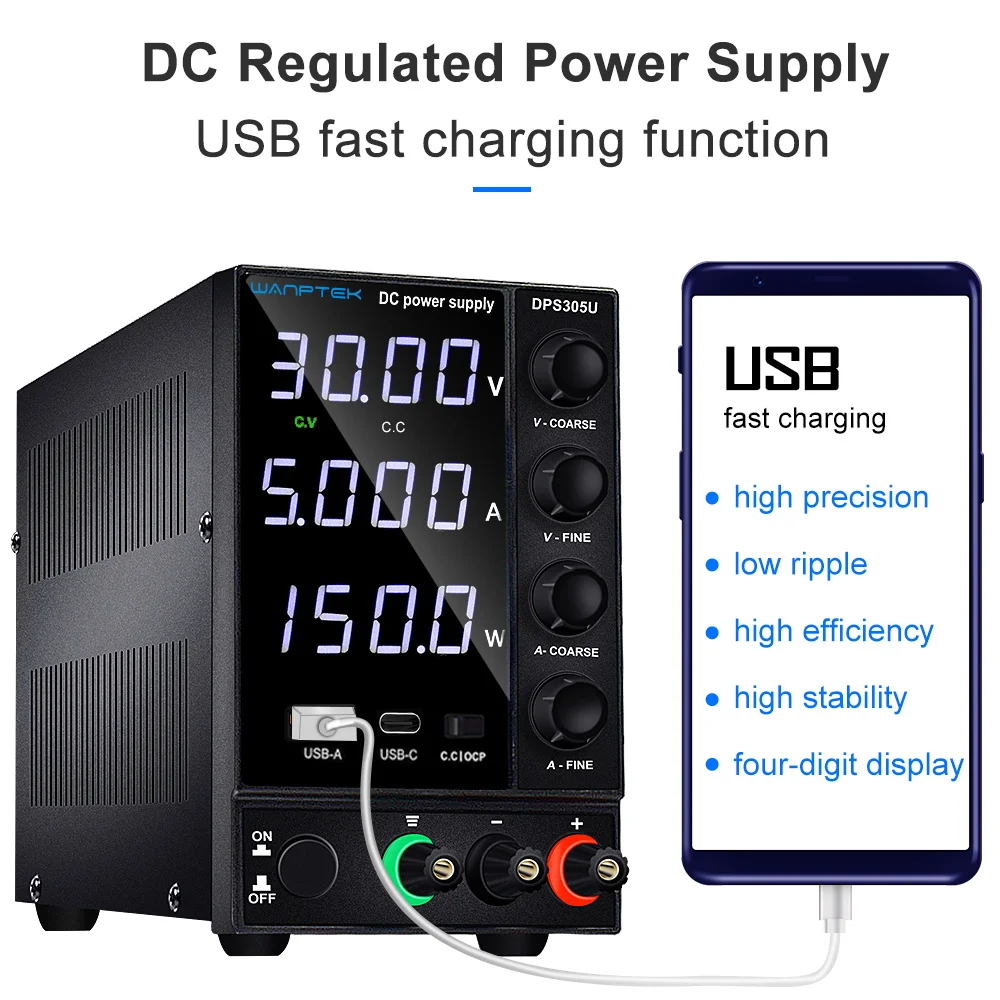 WANPTEK Adjustable DC Power Supply DPS3010U, 4 Digit Lab Bench Power Source, 30V 10A 5A AC Switching Stabilized LCD Regulator - Image 3