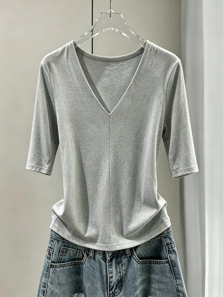 

Slim Fit Cotton V-Neck Short Sleeve T-Shirt Women's Spring Autumn New Style plus Size Base Shirt Half Sleeve Top
