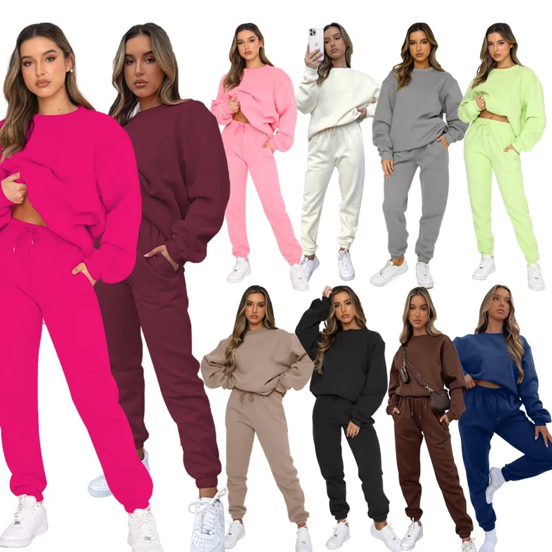 

Autumn and Winter Solid Color Round Neck Pullover Trousers Women's Fashion Casual Long-sleeved Sweater Set