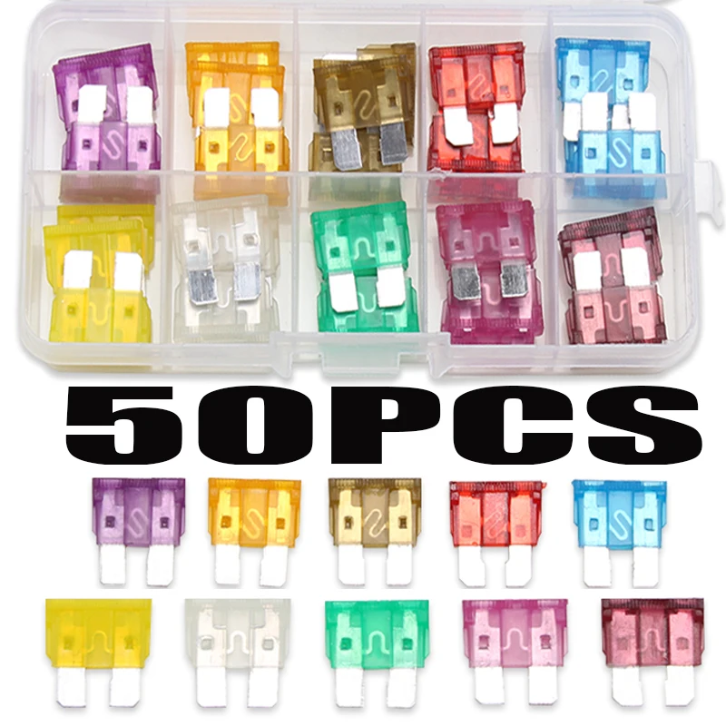 50pcs Car Fuses Blade Standard Mini Auto Fuse Assortment Kit For Mid-sized Car Accessories 3A5A 7.5A 10A 15A 20A 25A 30A 35A 40A