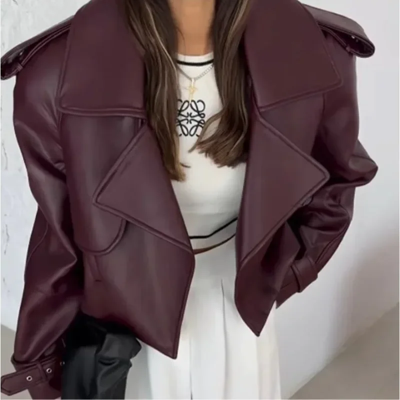 Vintage Burgund Pu Leder Kurze Jacke Für Frauen Mode drehen-unten Kragen Tasche Lose Mäntel Herbst Neue High Street outwear