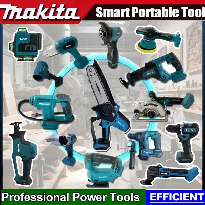 

Различные модели портативных аккумуляторных электроинструментов Makita: ударный шуруповерт, аккумуляторная отвертка, электрическая сабельная пила