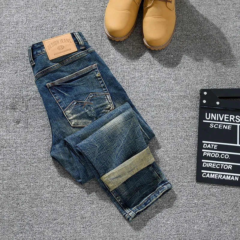 

Autumn jeans for men, slim fit, straight legged, casual, retro, distressed, washed, street style, cool denim pants