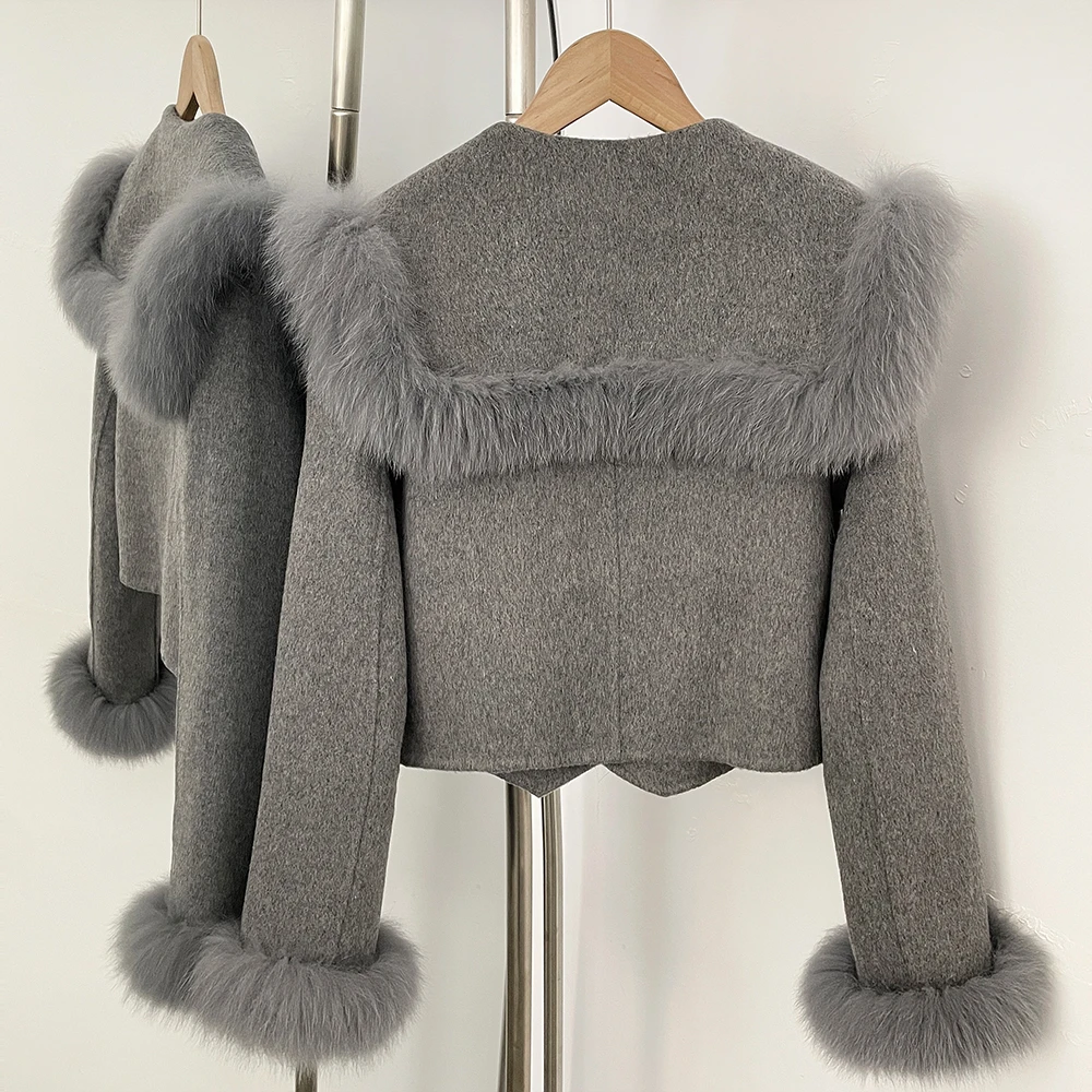OFTBUY Doppelknopf-Taschen Warme Winter Elegante Oberbekleidung Neue Damen-Wolljacke mit Großem Echtfuchs-Fellkragen und -Manschetten – Detail 9