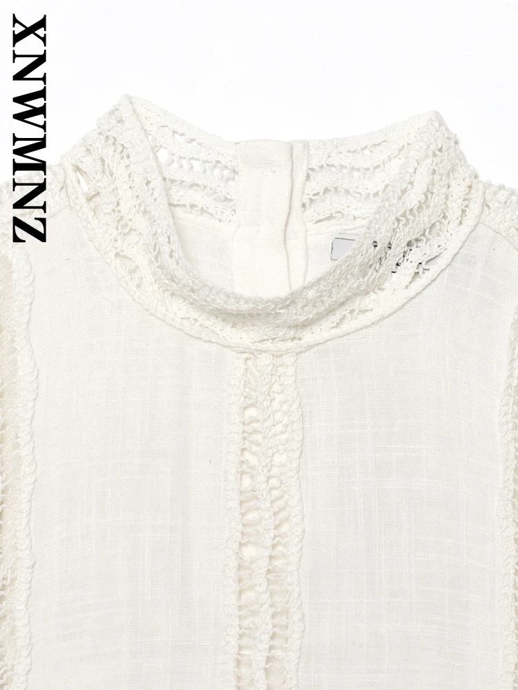 XNWMNZ 2025 ملابس نسائية صيفية أنيقة غير رسمية بياقة واقفة قميص كروشيه بسيط للسيدات بأكمام قصيرة بلوزة كلاسيكية بأكمام قصيرة