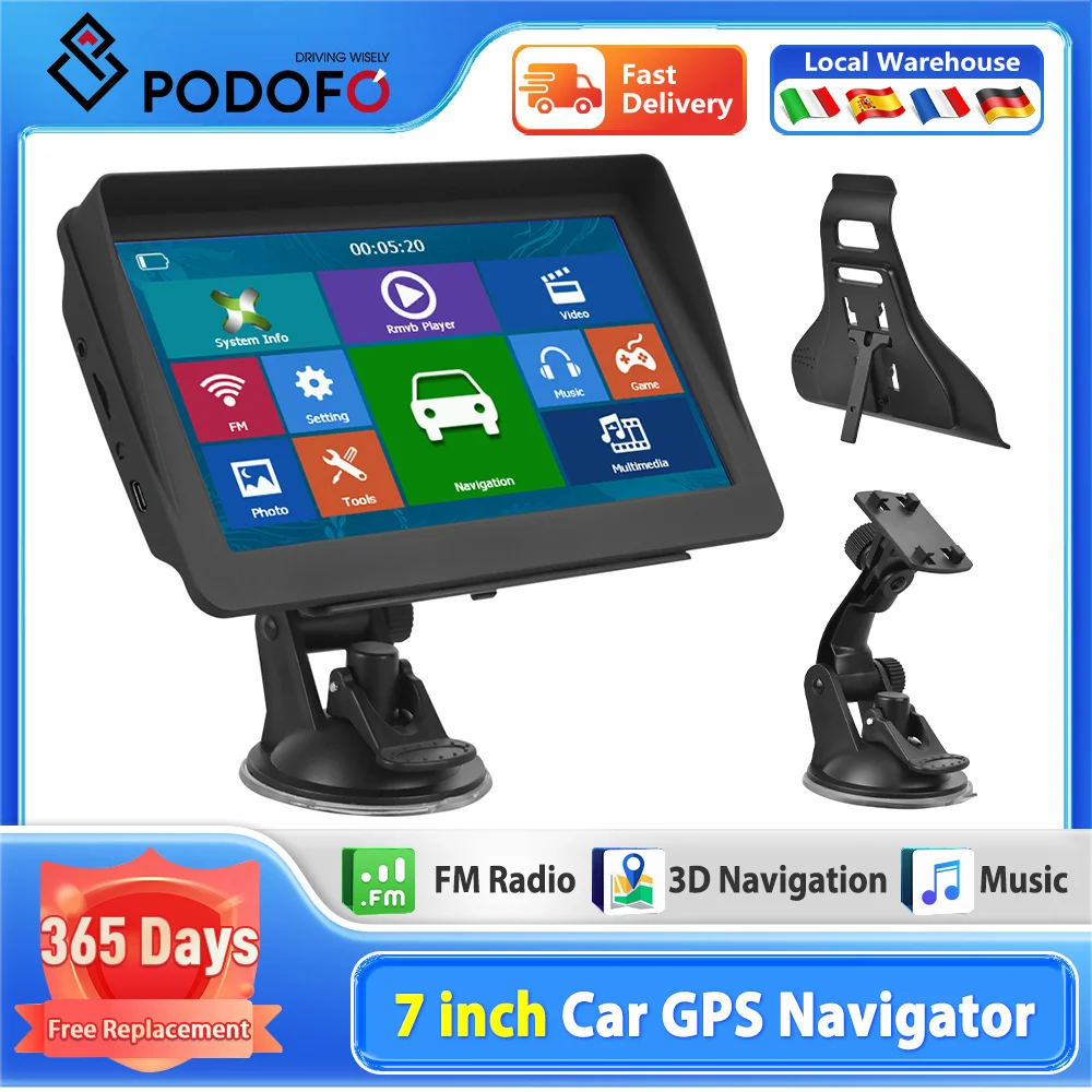 Podofo 7-inch GPS Truck Navigation SAT NAV Accessories Tools Navigator Free Update Europe Map 8 GB FM Music MP4 Player