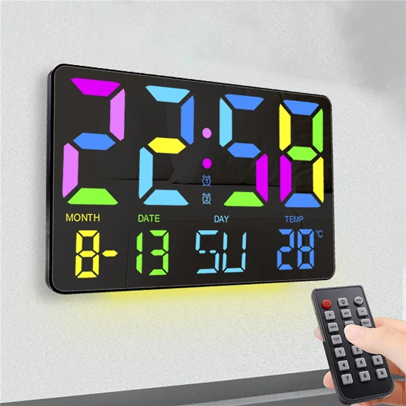 

Colorful Digital Wall Clock Automatic Dimming Temperature Time Dual Alarms Hanging Electronic Clock with RGB Night Light Remote