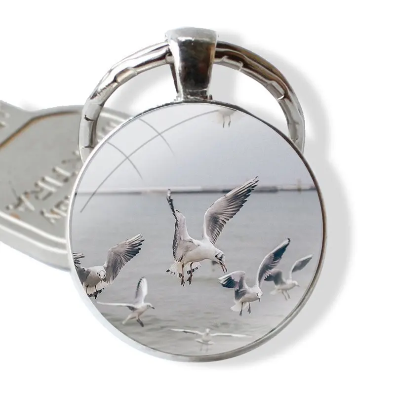 Seagull Seabirds 25mm Glass Cabohcon Keychain Key Rings for Women Men Jewelry Gift