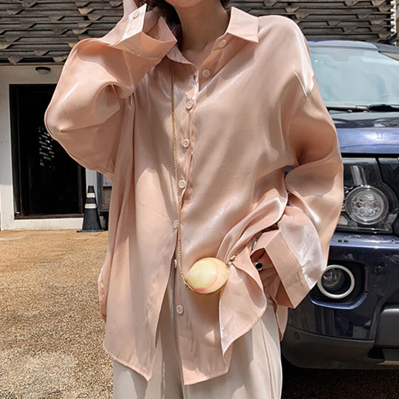 Rimocy Vintage Long Sleeved Silk Shirts Women 2024 Spring Loose Turn Down Collar Satin Shirt Woman Button Up Elegant Blouse