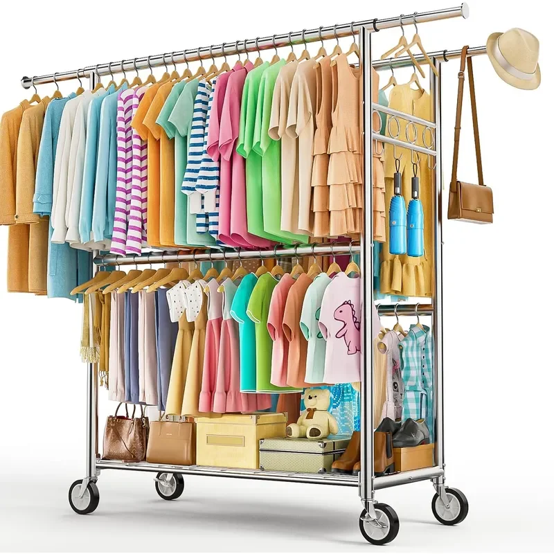 Heavy Duty Clothes Rack Load 1060LBS Four Rods Rolling Clothing Racks for Hanging Clothes Rolling Garment Rack With Sturdy