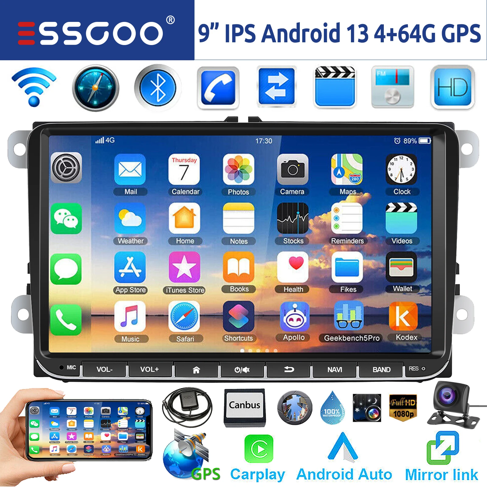 ESSGOO 9 "Android 14 4G + 64G Apple Carplay Autoradio GPS NAVI WIFI RDS FM BT voor VW Golf 5 6 Passat Polo Touran Tiguan Caddy EOS - afbeelding 1