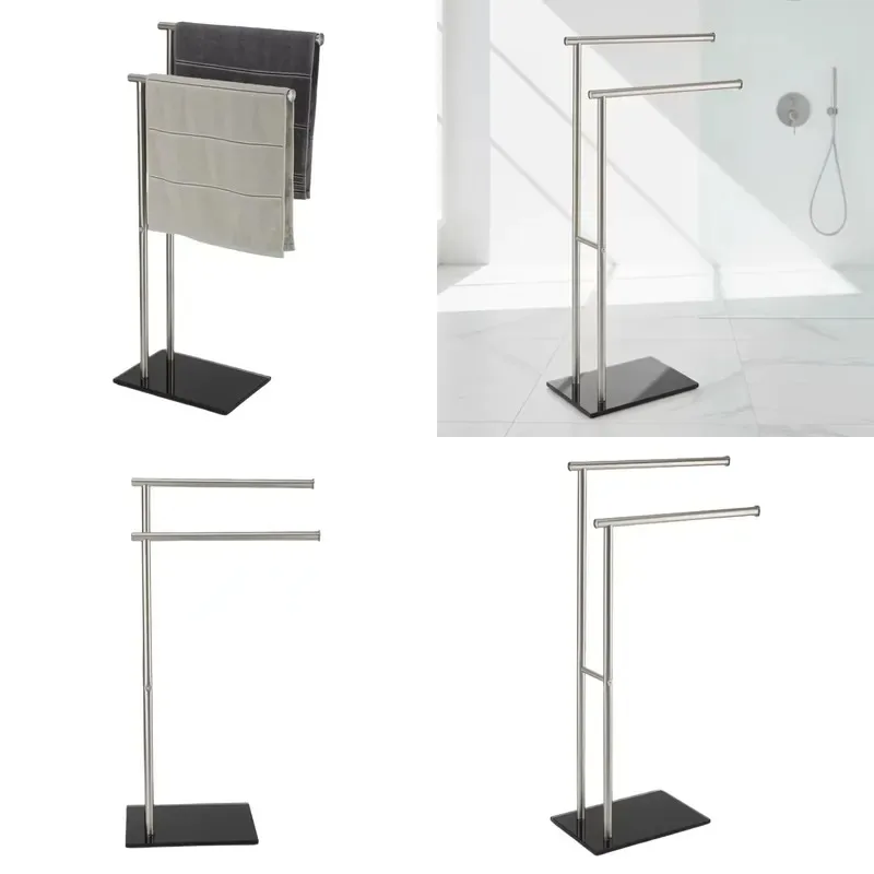 Double Floor to Ceiling Metal Towel Rack Storage Rack for Bathroom Clothing Bag with Acrylic Base