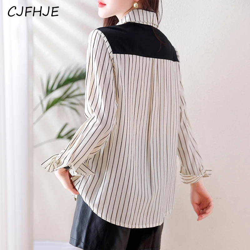 CJFHJE camicetta a righe ricamata in due pezzi finta moda nuova camicetta coreana con colletto rovesciato a maniche lunghe top eleganti