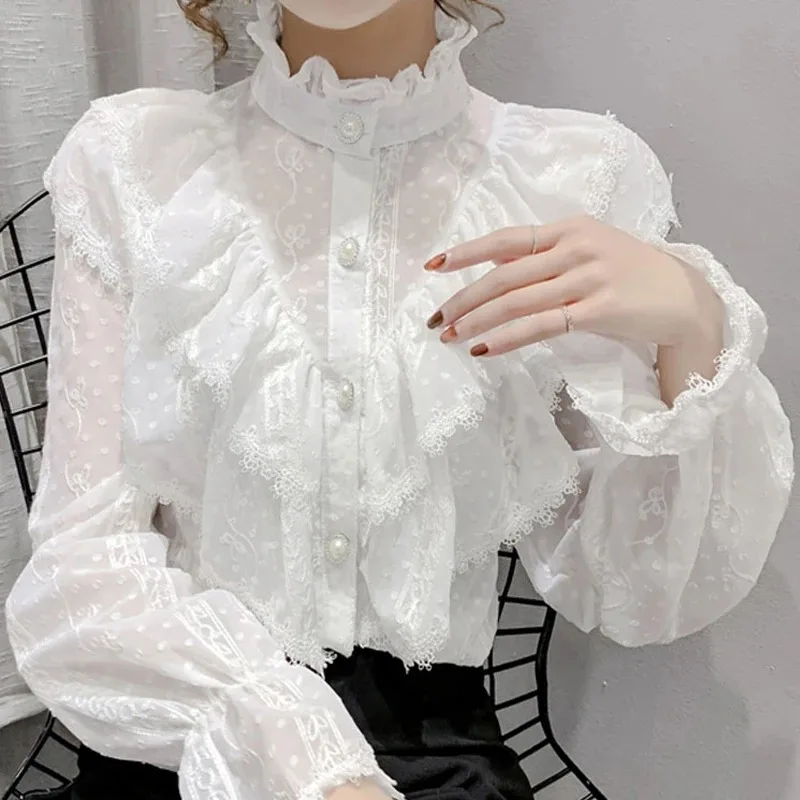 Vintage Ruffled Lace Shirt Women Long Sleeve Tops Loose Elegant Blouse Women Stand Collar Slim White Casual Blouses Blusa 15832