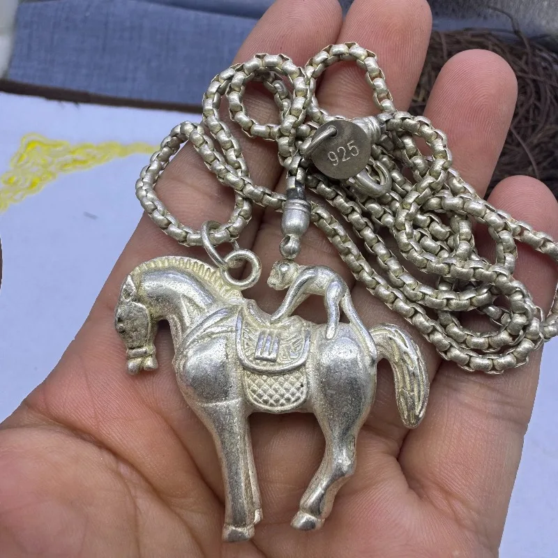 Vintage Horse & Monkey Amulet Necklace for Men Women, Chinese Mascot Pendant Symbolizing Instant Official Promotion