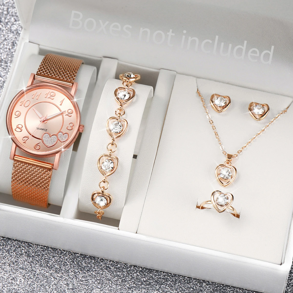 5PCS/Set Women Watches Diamond Jewelry Set Fashion Heart Dial Plastic Band Female Quartz Wristwatch（Without Box）