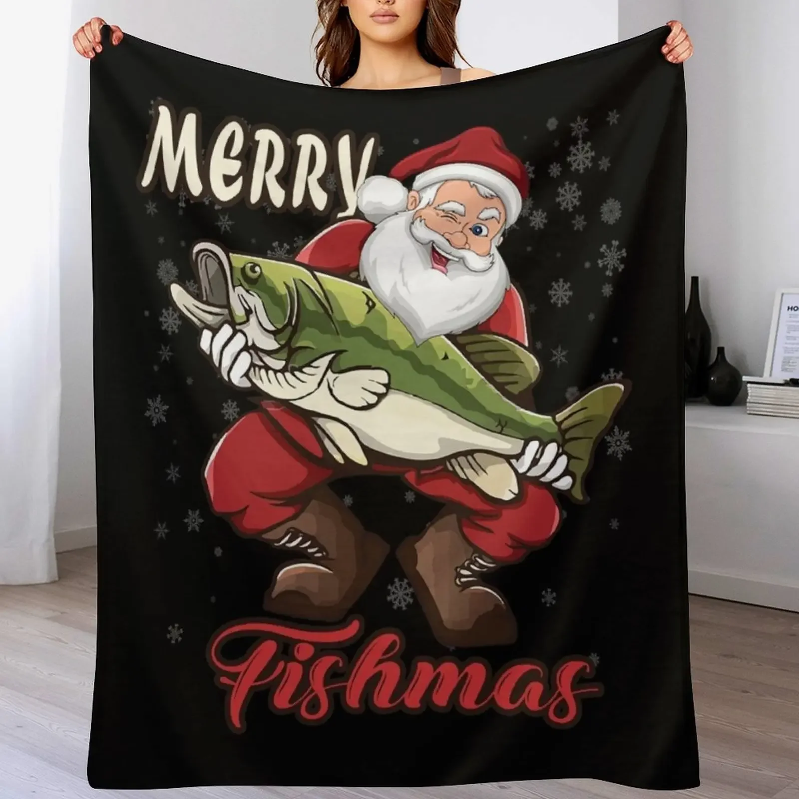Merry Fishmas - Funny Bass Fish Fishing Christmas Santa Xmas X-mas Holiday Xmas Gift Idea Throw Blanket