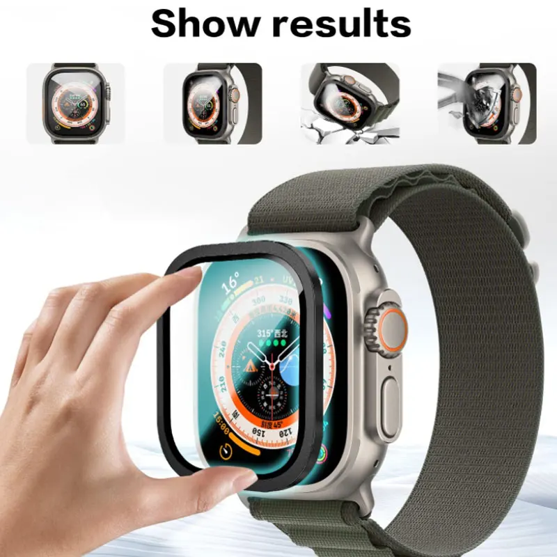 Impermeável vidro temperado protetor de tela, protetor Bumper iWatch, película transparente, capa de metal, 49mm, 49mm