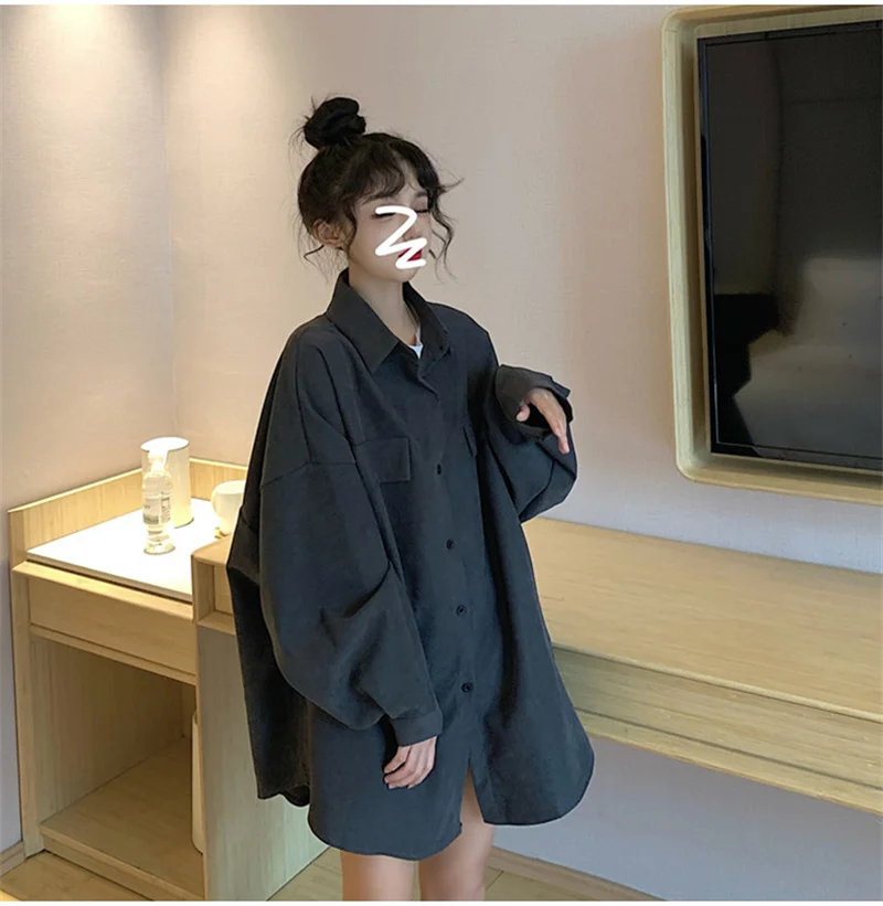 2023 Summer New Loose All-match American Gray Tooling Sunscreen Shirt Coat Women's Long-sleeved Blouse Solid Color Commuting X41
