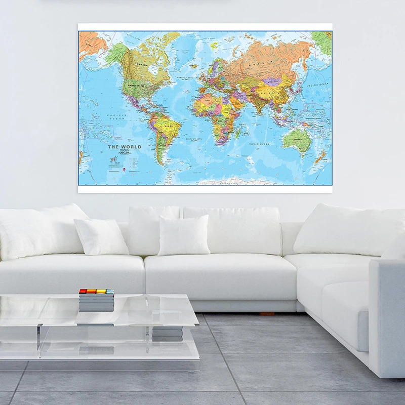 The World Map in English Hanging Picture Wall Art Globe Poster Non-Woven Canvas Painting School Supplies Decoration 150*100cm