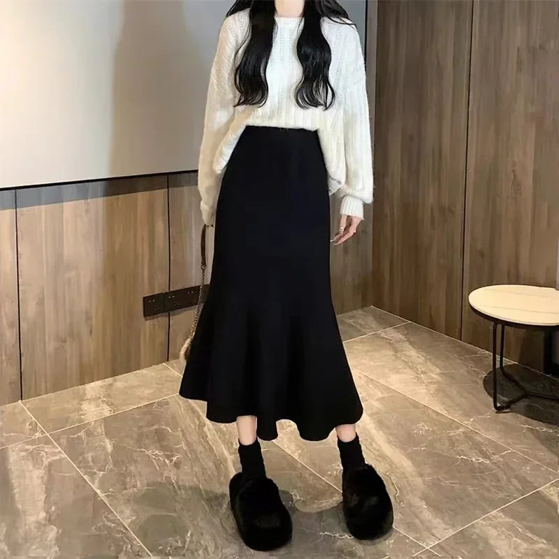 Knitted Fishtail Skirts Korean Women Fashion Bodycon Mermaid Midi Skirt Autumn Winter Woman Elastic High Waist Slim Skirts