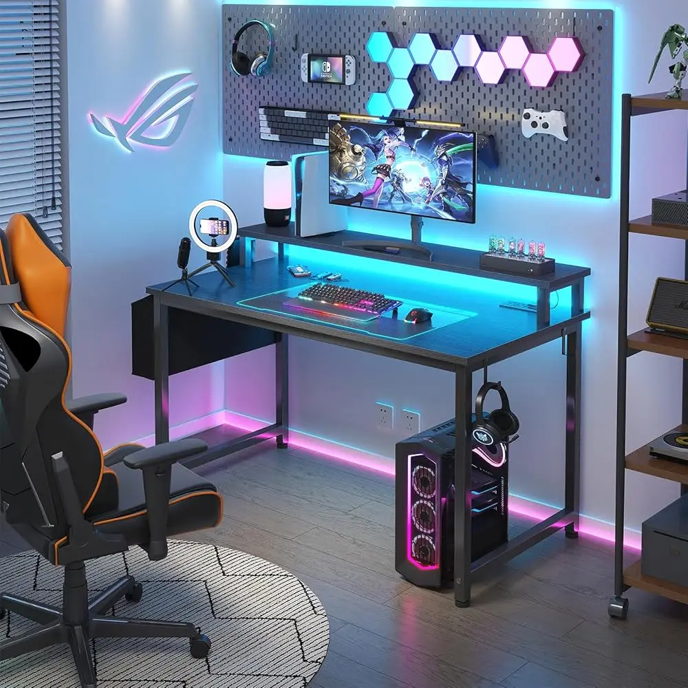 Bla Gaming Desk With Led Lights And Power Outlets, 40 H Teen Writing Study Table Home Office Desks With Monitor Stand, Computer