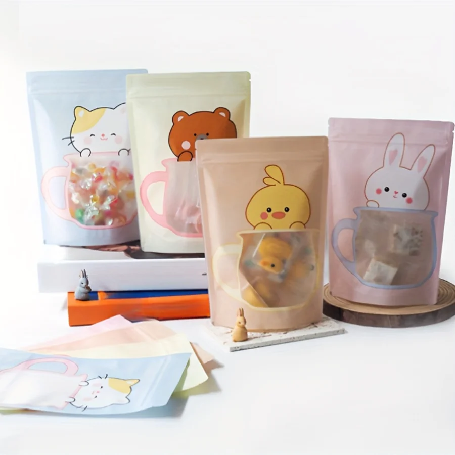 10pcs Cute Animal Print Stand up Gift Bags With Zipper for Small Business Packaging of Candy, Cookies, Snacks, Nuts, Biscuits