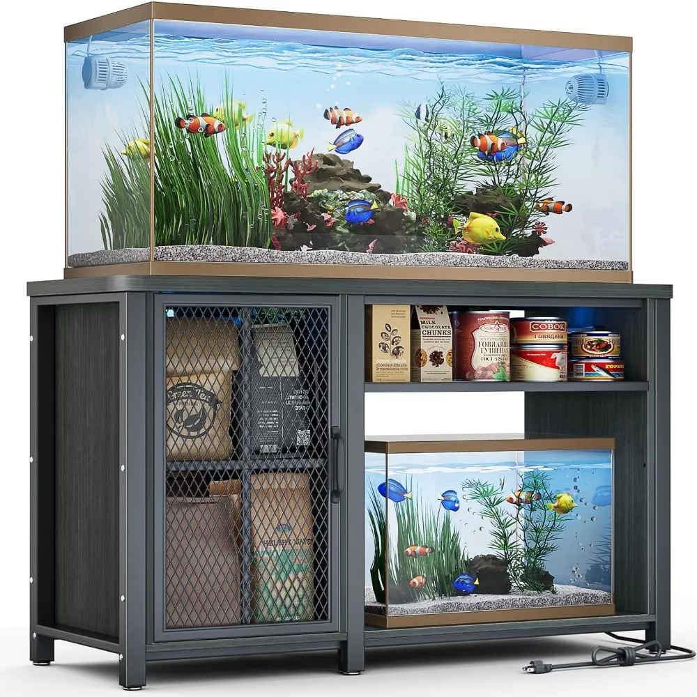 55-75 Gallon Aquarium Stand with LED Light & Power Outlets, Cross Design Fish Tank Stand Heavy Duty Metal Frame Aquarium Table