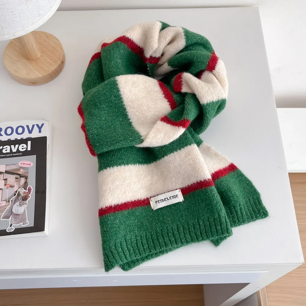 Rainbow Striped Faux Cashmere Scarf Women Winter Korean Style Short Neck Warmer Student Ins Fashion