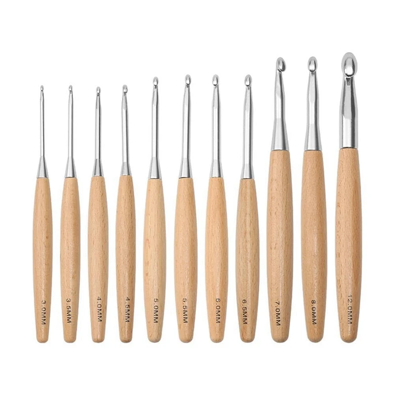 11Piece Crochet Hooks With Wooden Handle Single Head Crocheting Knitting Hooks Crochet Needles