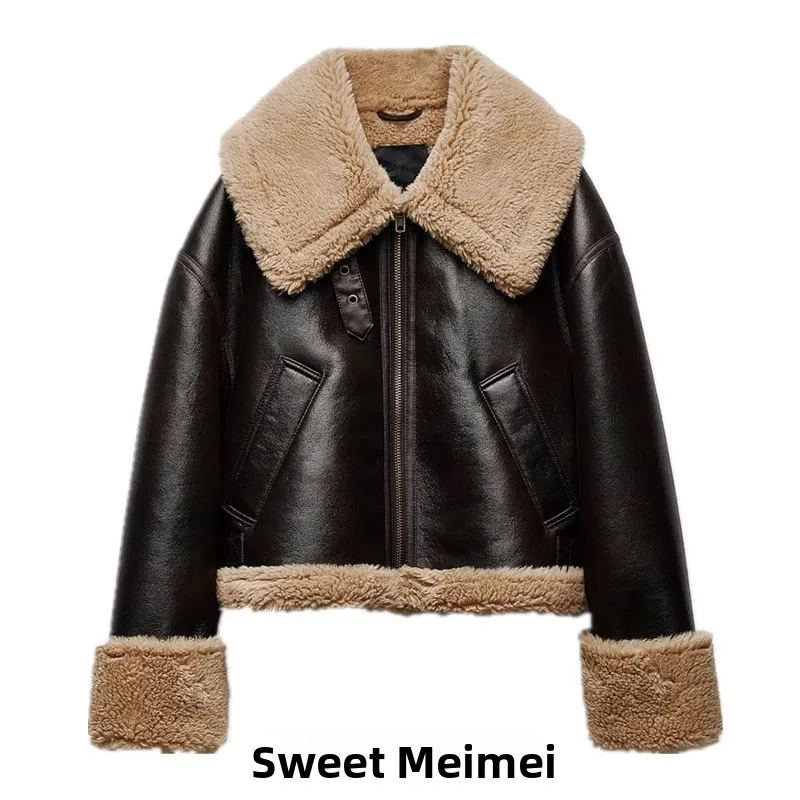 Double-Sided Fleece Biker Jacket with Cuffed Sleeves And Color Block Design Autumn Winter Thickened Leather Outerwear Coat