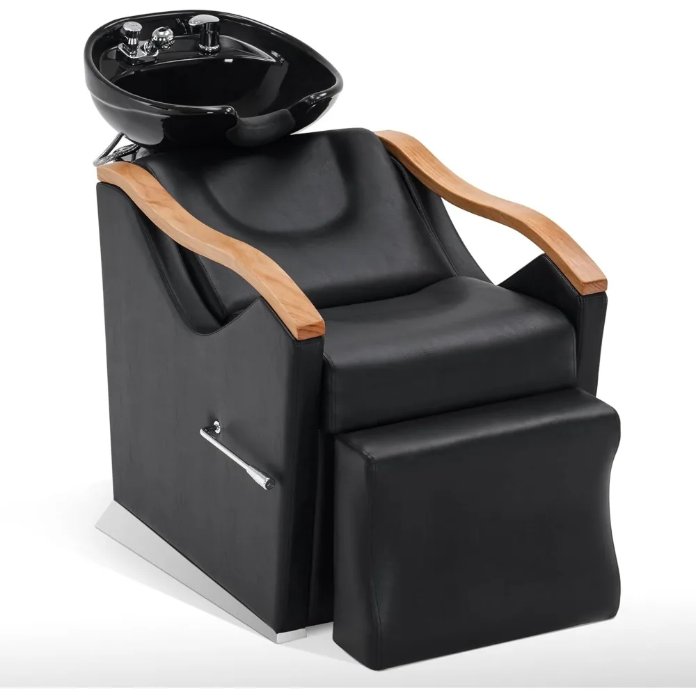 Shampoo Barber Classic Chair, Ceramic Shampoo Bowl Sink Chair Station for Spa Beauty Salon  Easy to Clean 9070 (Black)