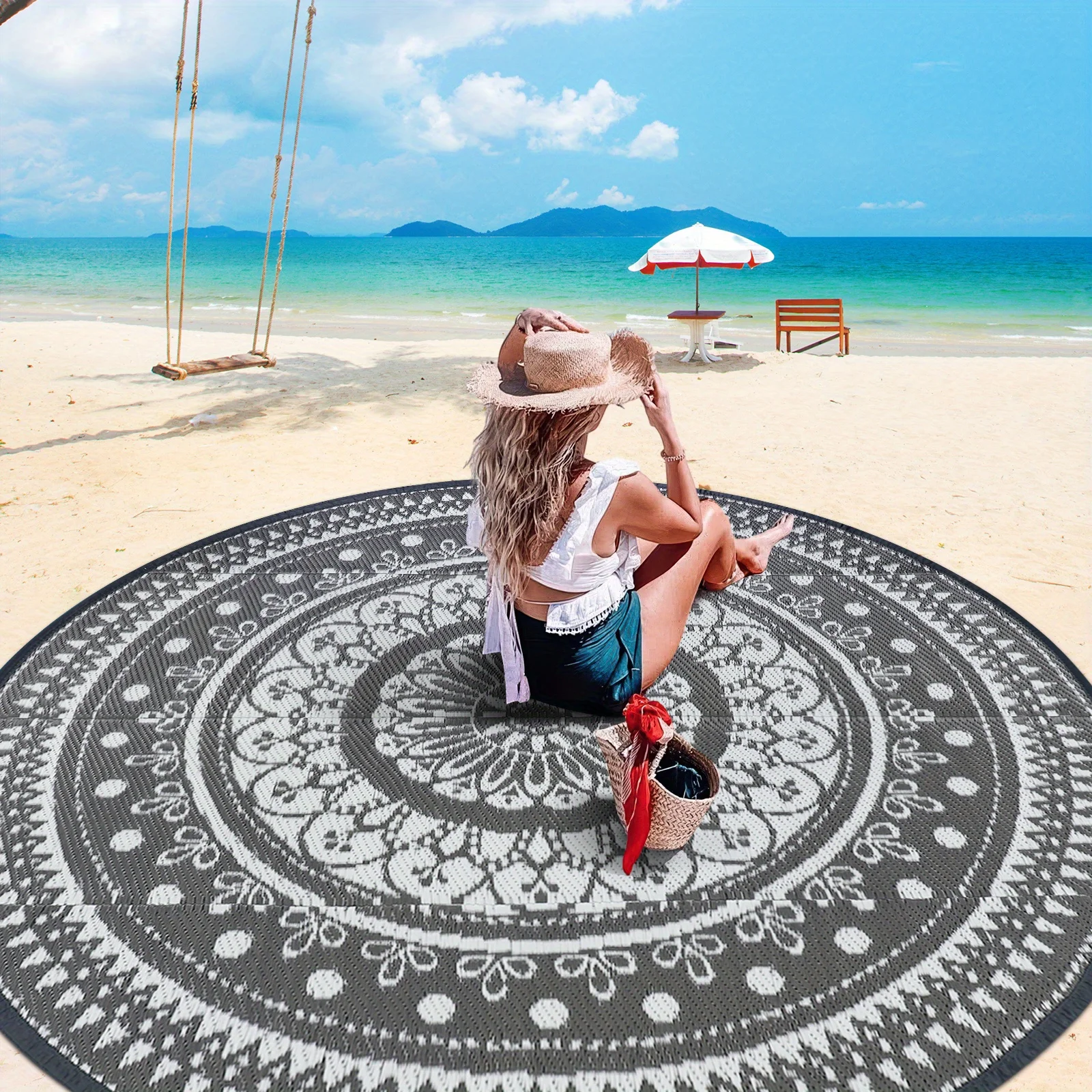 

VIKAMA Outdoor Circular Coral Fleece Carpet - Easy To Clean, Camping Picnic Mat, Stain-Resistant, Lawn And Beach Blanket, Decor