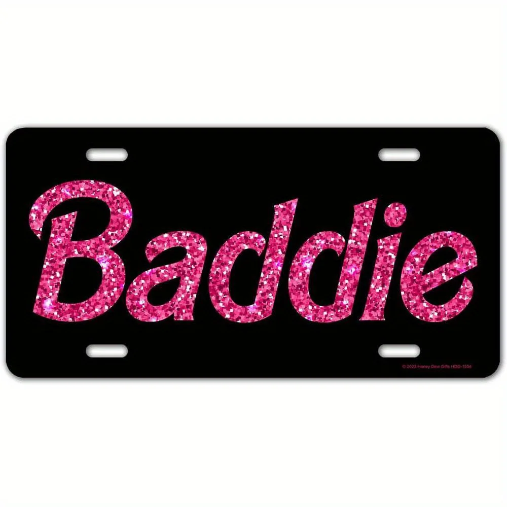 Baddie Glittery Pink License Plate -  Funny Car Vanity Tag with Sparkling Rhinestones, Black Background & Bold Lettering, US Sta