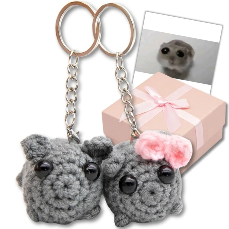 Fashionable Crochet Sad Hamster Keychain Charm Pendant Portable Key Holder Pair 2 Pieces Set Memorable Gift for Lovers