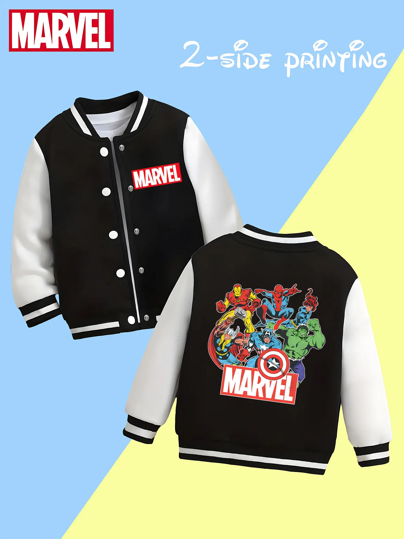 

MINISO Marvel Avengers Collection Boys' Baseball Jacket - Avengers heroes gather together in print, double-sided to show heroic