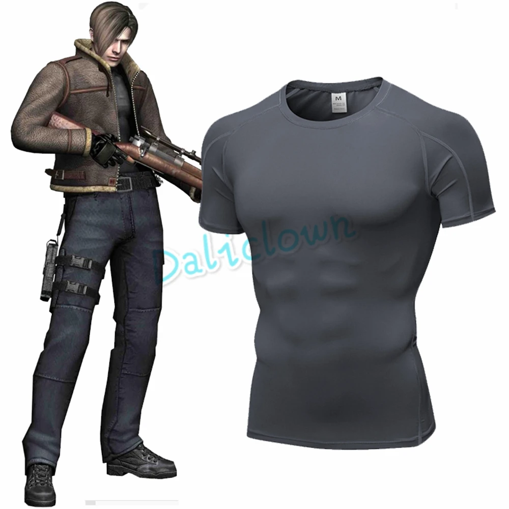 Re4 Evil Leon Kennedy Cosplay Costume Grey T Shirt Death Island Leon T-Shirt Fitness Tshirt Casual Sport Top Tee Women Man