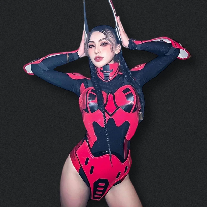 Drag Queen Outfit Gogo Party Show Clothes Black And Red Armor Bodysuit Festival Carnical Costume Nightclub Stage Rave Wear